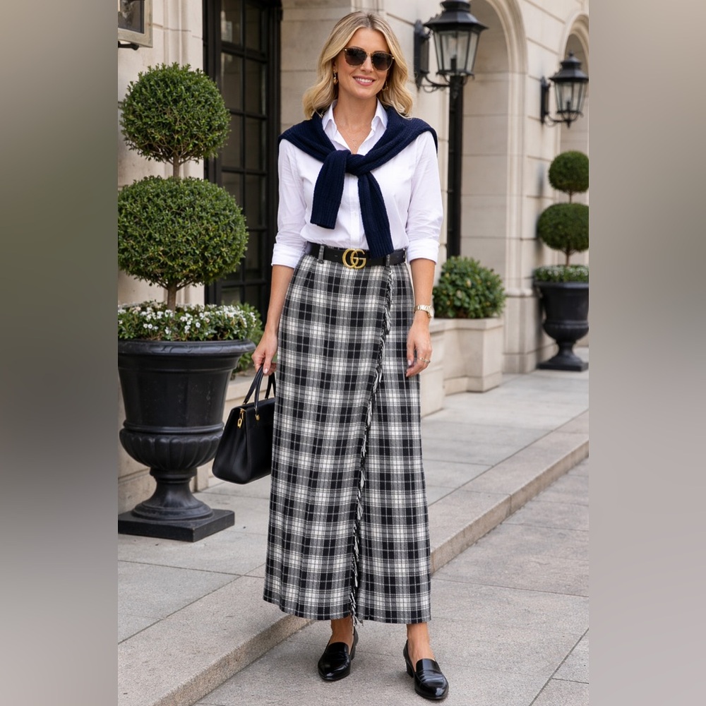 Vintage Tartan Plaid Fringe Wrap Blanket Maxi Skirt Wool Preppy Western Romantic